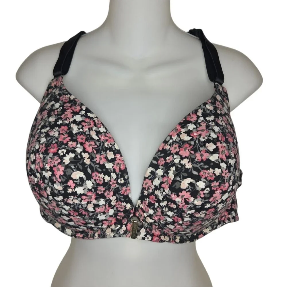 Cacique Boost Plunge Black & Pink Floral Underwire Bra Size 42DD